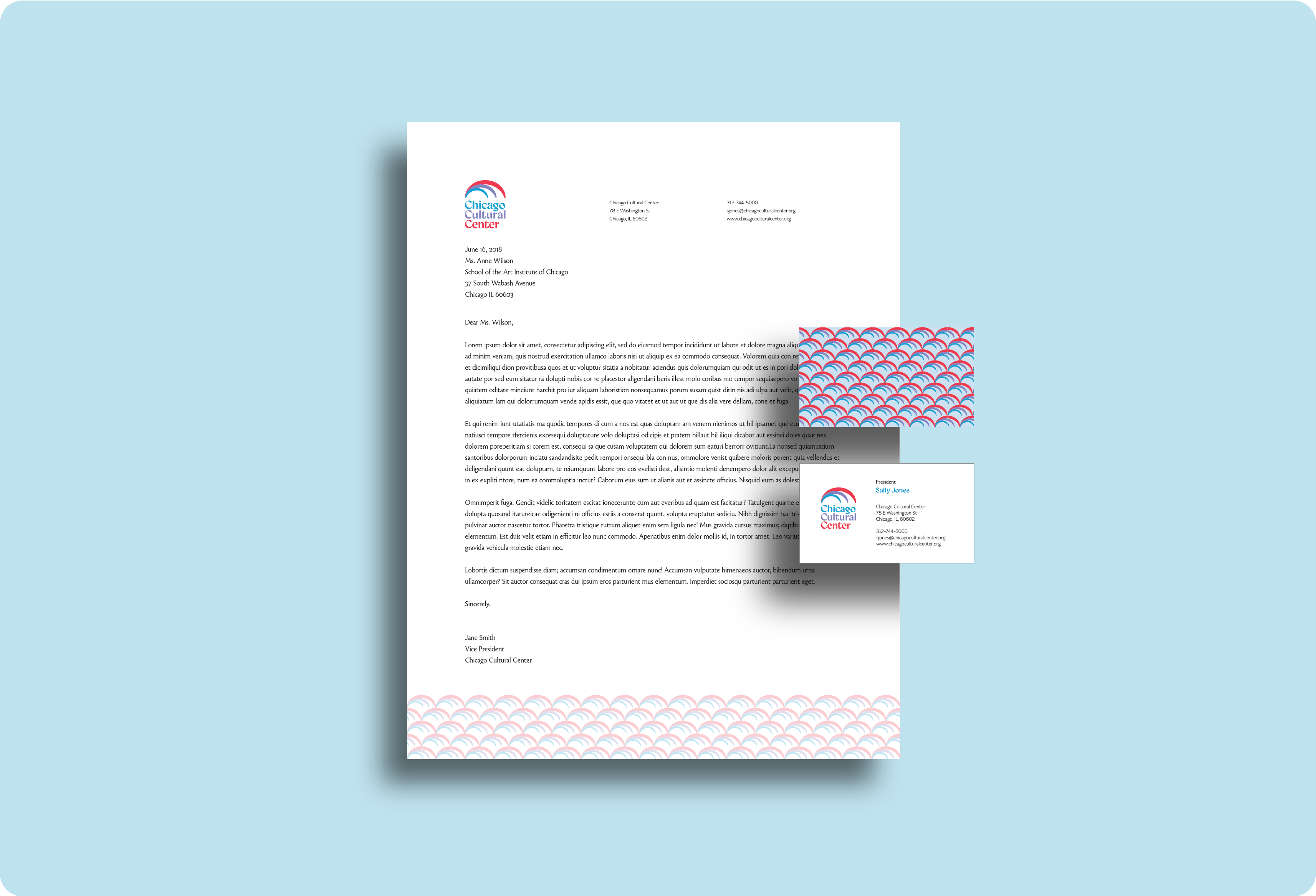 Chicago Cultural Center rebrand letterhead and business cards.